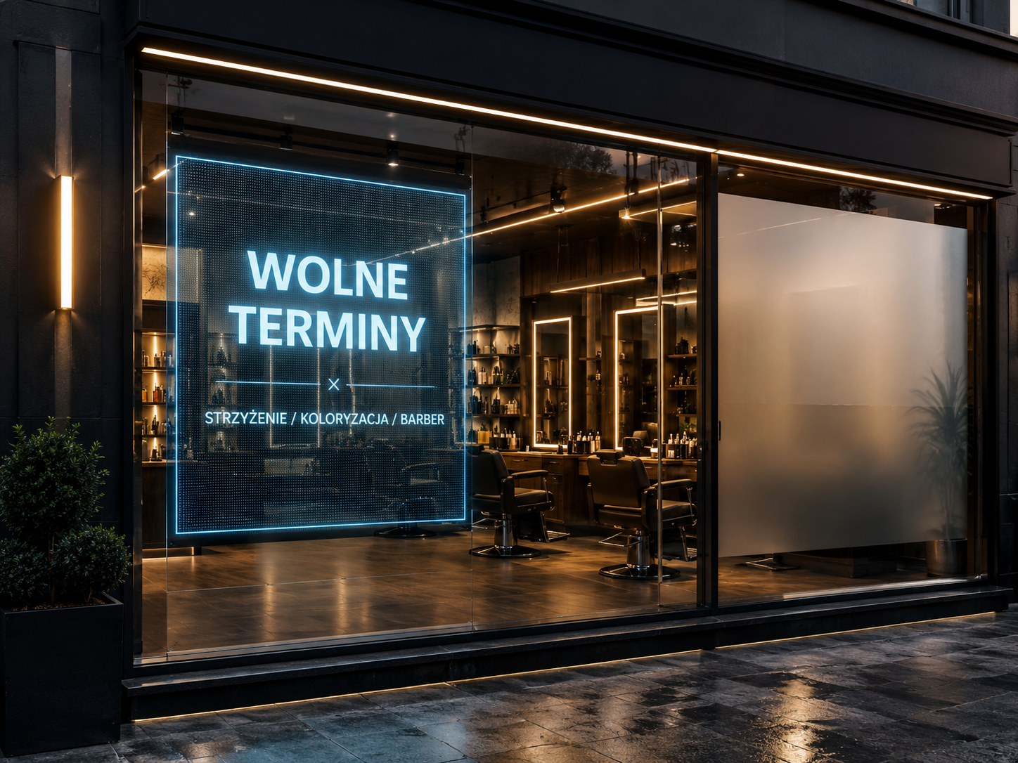 Koncepcja transparentnej reklamy LED dla salonu beauty i barber