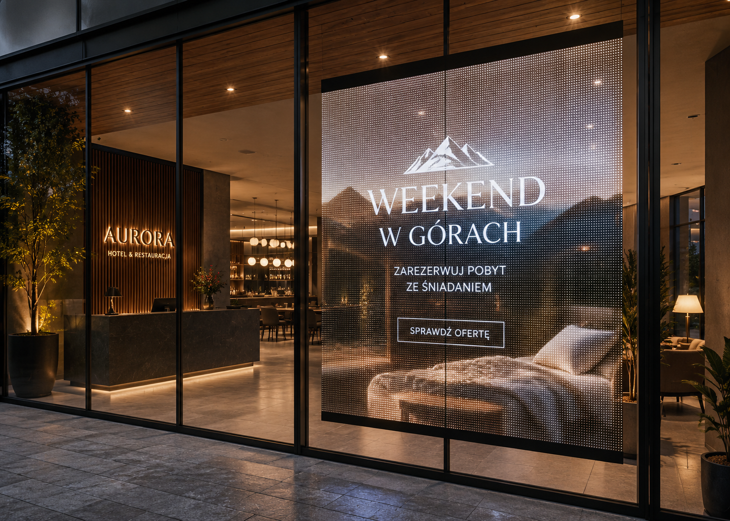 Koncepcja transparentnej reklamy LED dla hotelu i restauracji