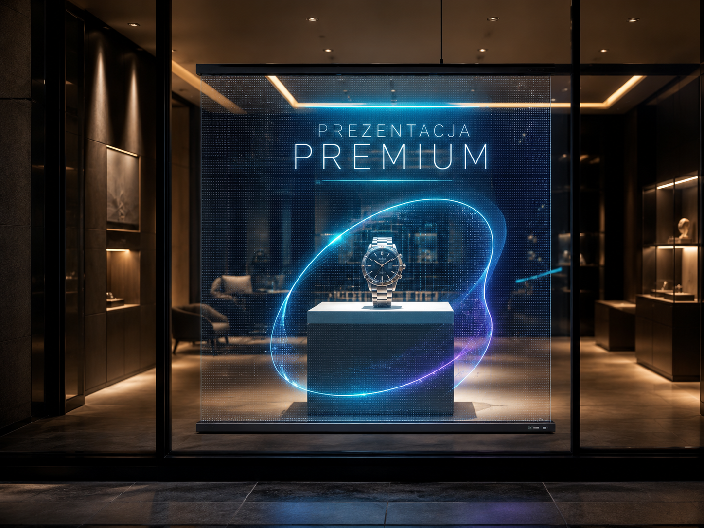 Koncepcja transparentnej prezentacji LED w showroomie
